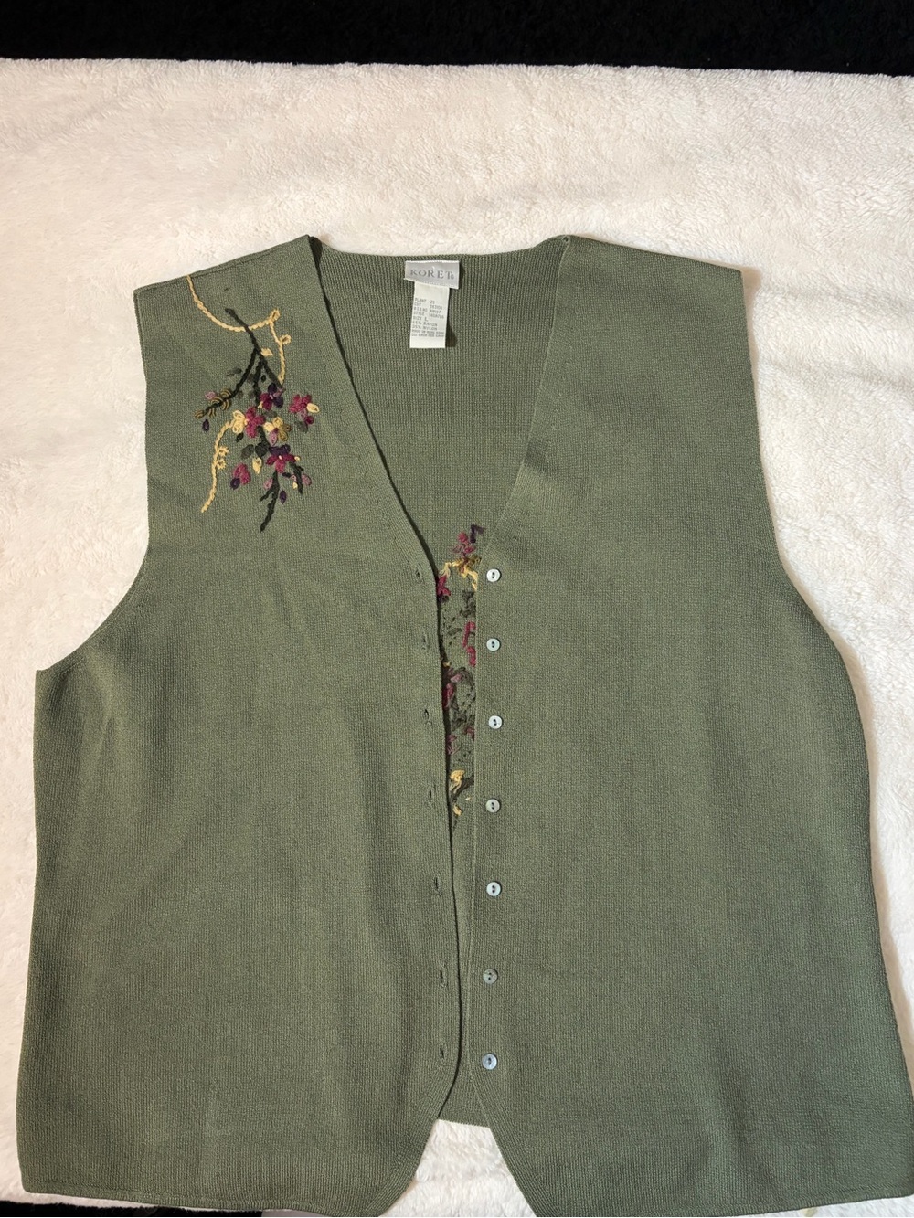 Koret Olive Green Embroidered V-Neck Button Vest